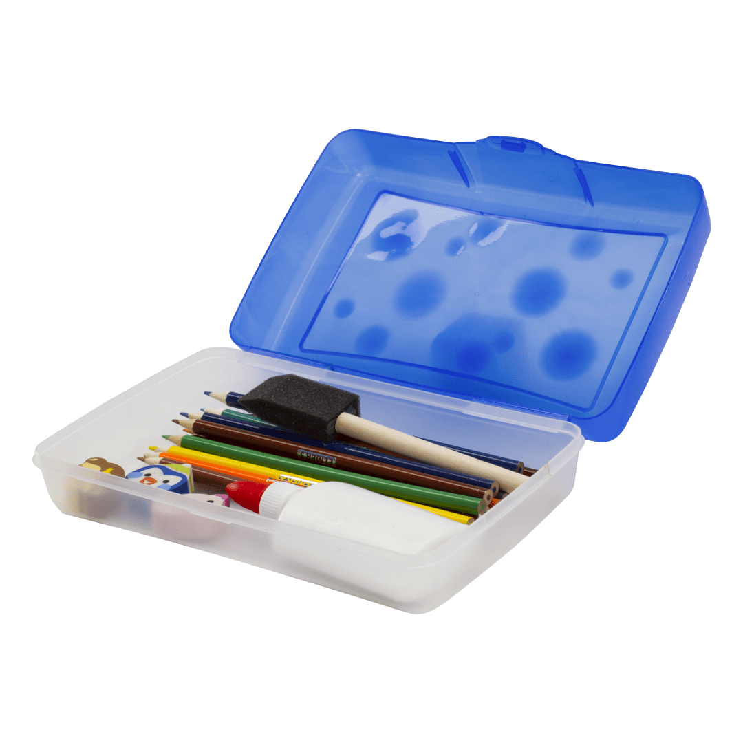Storex boîte à crayons standard en plastique pour l’école primaire, 8,4 x 5,6 x 2,5 po, bleue, 1 unité