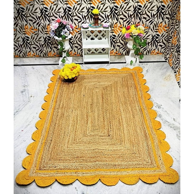 Indian Handmade Braided Natural Jute with Yellow Scalloped Design Area Rug, Home Décor Rug, Jute Rug for Bedroom, Dining Room, living room, Doormat Rug Size - 6' Square (180 cm x 180 cm)