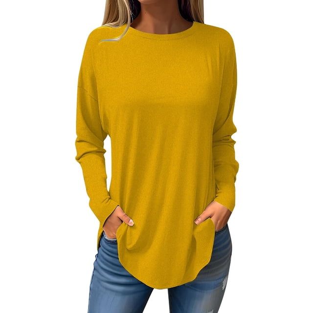 LLYwey Tuniques à Porter avec des Leggings Rabais Femmes Col Rond Couleur Unie Blouses d'Automne Mode Chemises Smockées à Manches Longues Hauts Col Rond Chandail Blouses Chemises Jaune TG