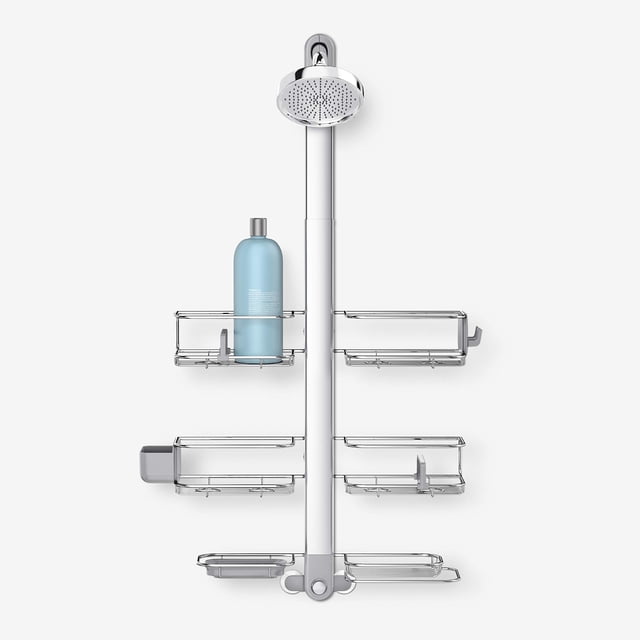 simplehuman Panier de Douche Ajustable et Extensible TG en Acier Inoxydable et Aluminium Anodisé, Monté sur une Pomme de Douche. Comprend Trois Tablettes Grillagées Ajustables avec Séparateurs pour Organiser les Essentiels de la Douche, Y Compris une Bouteille Bleue Haute. le Panier a un Goulot Extensible pour Accueillir des Bouteilles Plus Grandes et Est compatible avec les Pommes de Douche Portatives. Dimensions Sont 21.1 L x 5.9 P x 31.9 H Pouces.