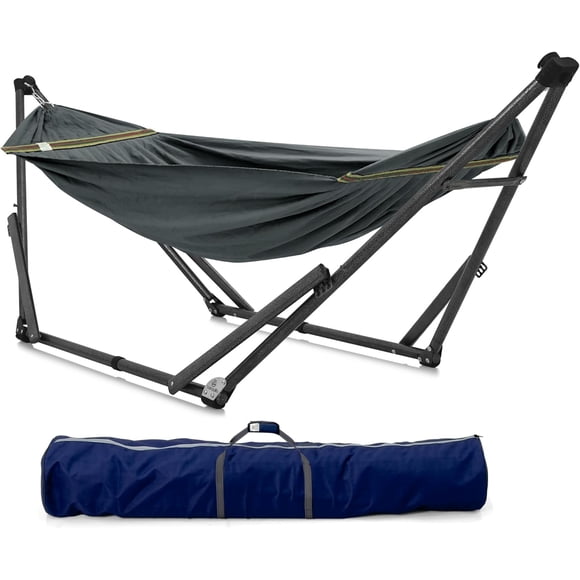 Tranquillo Uniki Collapsible Hammock with Stand, 550 lbs Capacity, No-Screw Instant Setup, Foldable and Portable, Perfect for Garden and Camping, Includes Premium Carry Bag, Grey Canvas