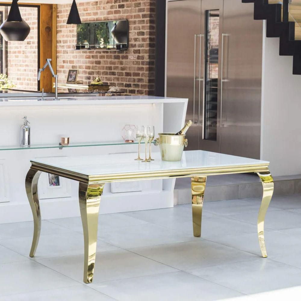 Table de salle à manger en faux marbre blanc de la collection Heavenly avec base en acier inoxydable doré