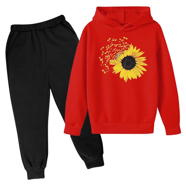 RXIRUCGD Mode Filles et Garçons Enfants Décontracté Manches Longues Imprimé Tournesol Hauts Ensemble à Capuche Manches Longues (Rouge, Taille : 13 Ans)