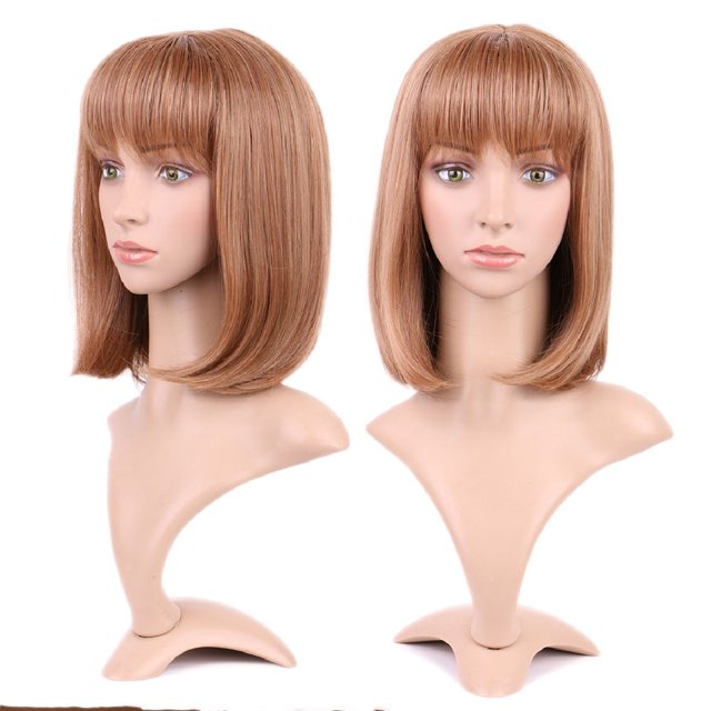 Perruque Longue Synthétique Bouclée avec Frange Cheveux Courts Perruques Résistantes à la Chaleur Perruque Complète Tête Complète pour Femmes Blond Mèches