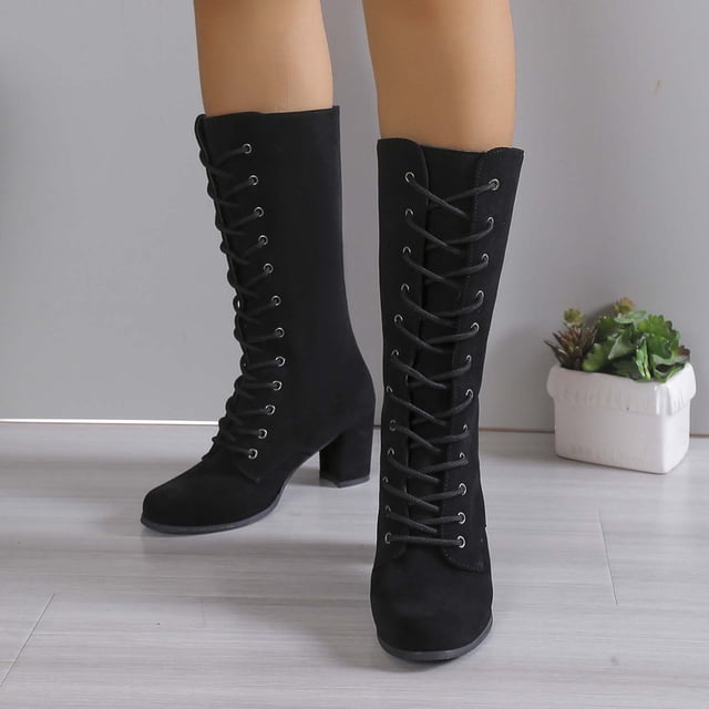 LSLJS Chaussures Rétro pour Femmes Décontractées à Talons Bas Épais Grande Taille Mi-Mollet à Lacets