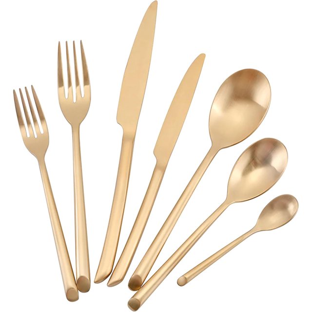 20-Piece Utensil Set - Ultimate Cooking Convenience, Complete Your Kitchen (Deena Matte Gold). This set includes 4 dinner knives, 4 dinner forks, 4 dinner spoons, 4 dessert forks, and 4 dessert spoons, all crafted from high-quality stainless steel with a luxurious matte gold finish. The utensils feature ergonomic handles for comfortable grip and are corrosion-resistant for long-lasting use. Ideal for both formal dining and everyday meals, this set combines elegance and functionality.