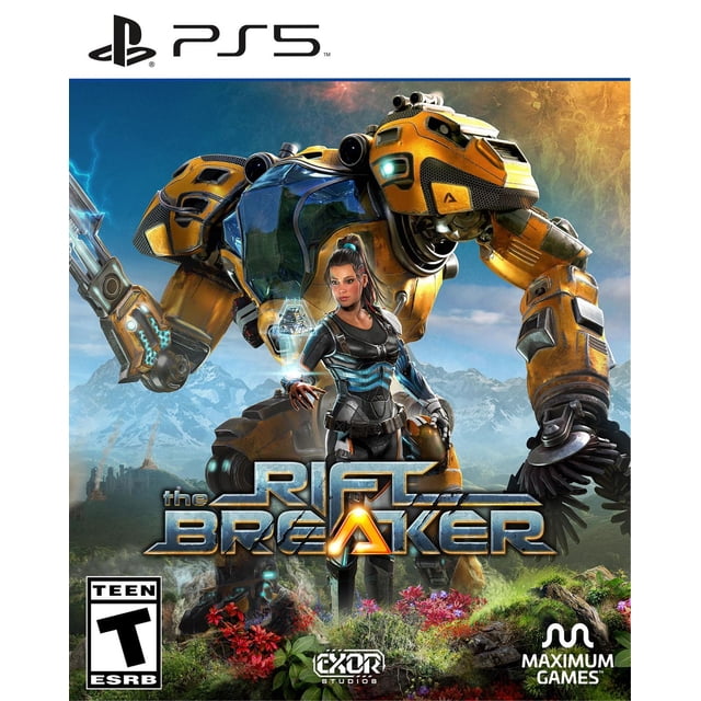 The Riftbreaker (PS5) cover art depicting a large yellow and black Mecha-Suit named Mr. Riggs standing behind a female pilot in futuristic armor projecting a hologram, set in a mountainous alien landscape with colorful flora, illustrating themes of exploration, base building, and defense.