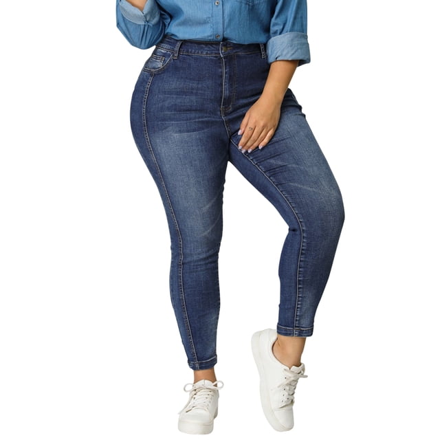 Unique Bargains Women's Plus Size Stretch Mid Rise Washed Skinny Jeans