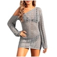 thumbnail image 1 of Plebaso Robe de Plage Mini pour Femmes au Crochet, en Maille Tricotée, à Manches Longues, à une Épaule, Ajourée, 1 of 7