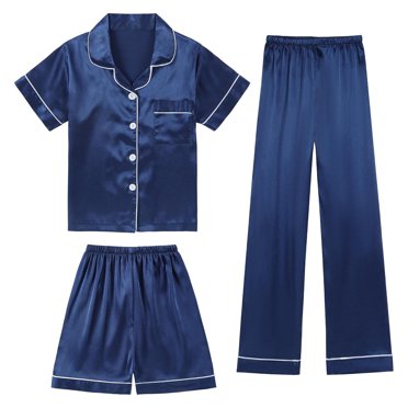 Ediodpoh Girls Casual Set Girls 3 Pajamas Sets Silk Satin Sleepwear Button Down Short Sleeve Pj's Outfits Outfit for Kids Dark Blue 8-9 Years