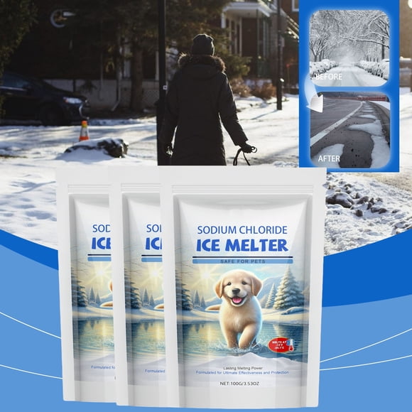 Ice Melter Salt for Driveways and Walkways, Non-Corrosive Winter De-Icer Granules, Pet-Safe Formula, 100 g, Sprinkle for Melting Ice and Snow, Pack of 2/3