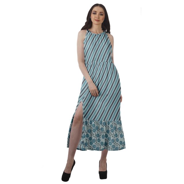 Moomaya Robe de Vacances pour Femmes en Rayonne, Col Licou, Sans Manches, Fente avant, Robe Imprimée