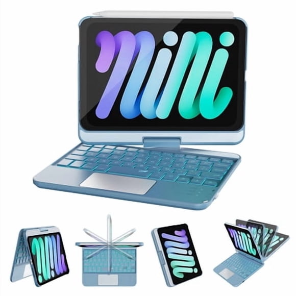 RAYMCRAFT for iPad mini 7 (A17 Pro, 2024) & Mini 6 (2021) Case with Keyboard, 7 Colors Backlit Keyboard with Trackpad, Auto Sleep/Wake, 360