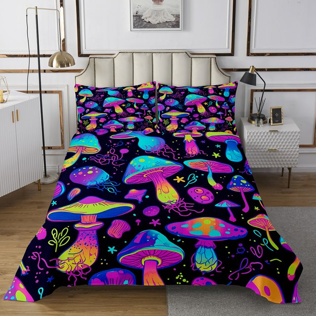 Erosebridal Neon Mushroom Coverlet Set Queen, Gothic Botanical Bedding Set, Boho Style Decor 3pcs