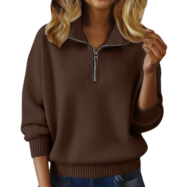 WTXUE Womens Long Sleeve Quarter Zip Pullover Sweater Casual Loose V Neck Collared Ribbed Knit Jumper Tops Soft Oversized Tunic Sweaters Brown L