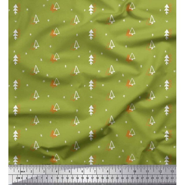 Soimoi Green Silk Fabric Tree Christmas Print Sewing Fabric Yard 42 Inch Wide