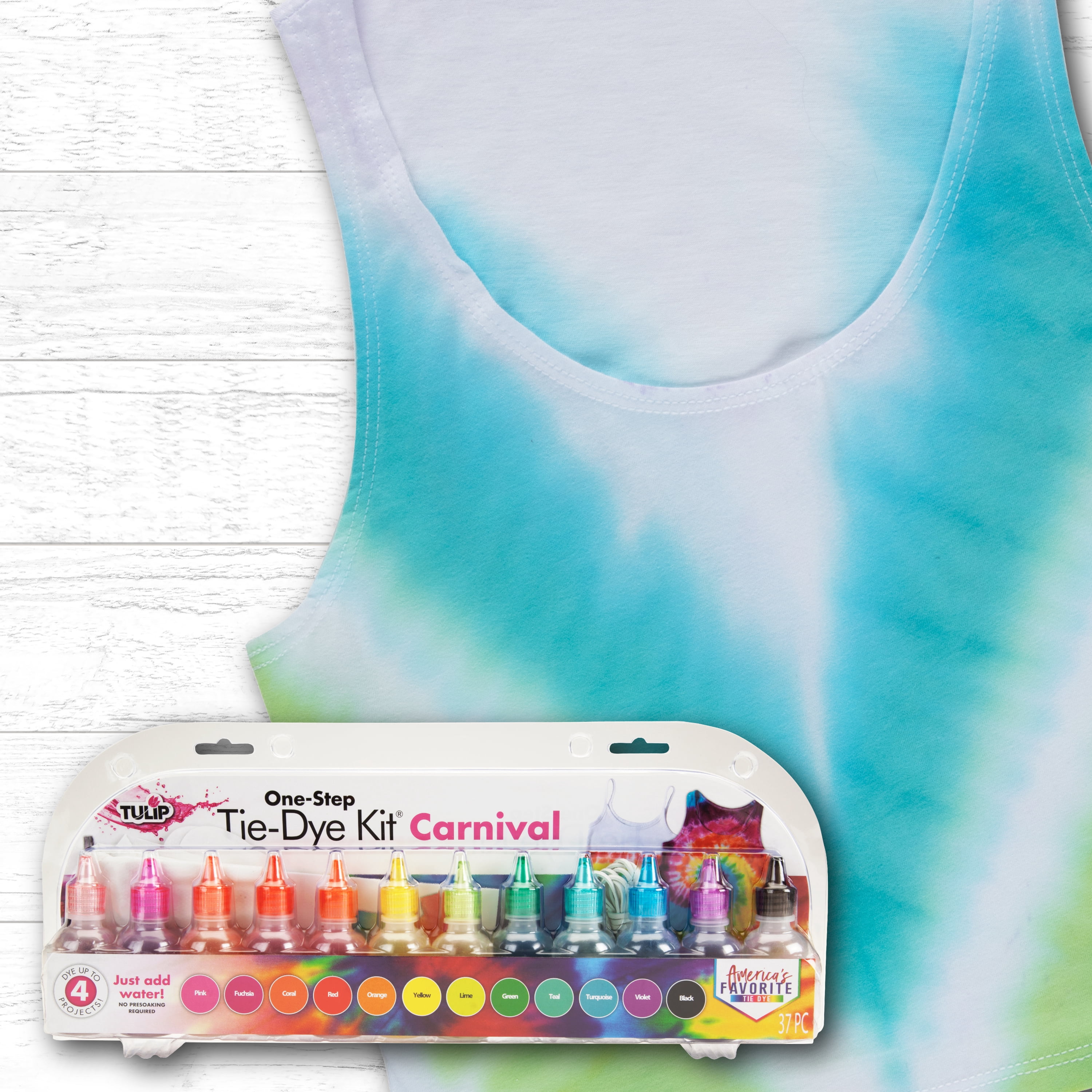 Kit Tie-Dye One-Step 12 couleurs Carnival Tulip, Activité amusante, Cadeau d’anniversaire, Mode créative, Teinture permanente et éclatante pour vêtements, Embouts de précision, Nettoyage facile