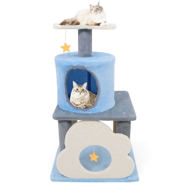 Costway 31.5" Cute Modern Cat Tree with Condo Top Perch Jute Scratching Posts Hanging Toy Blue