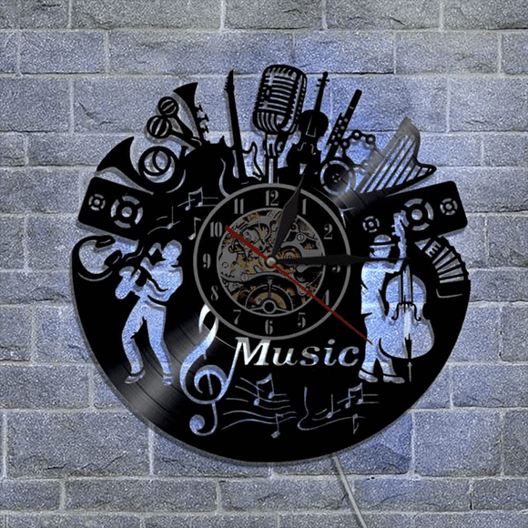 Music Vinyl Record Wall Clock -Musical Instruments LED Light Wall Clock -Vinyl Clock -Living Room Wall Decor - Unique Gifts for Music Lover