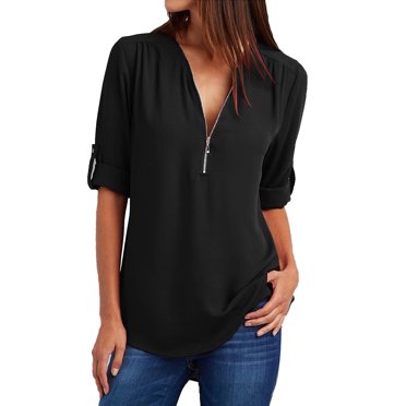 Black of Friday Deals hopeusnice Women's Summer Shirts Zip Casual Tunic V-Neck Rollable Blouse Tops T-Shirt Black S