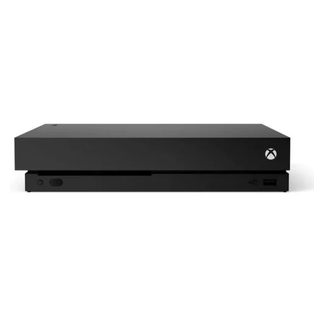 Microsoft Xbox One X 1TB Console in black, displayed in a front-facing view. This refurbished gaming console is console-only, without a controller, and offers 4K gaming, HDR visuals, and a built-in 4K UHD Blu-ray drive. Professionally tested and verified, it may show cosmetic wear such as scratches or scuffs.