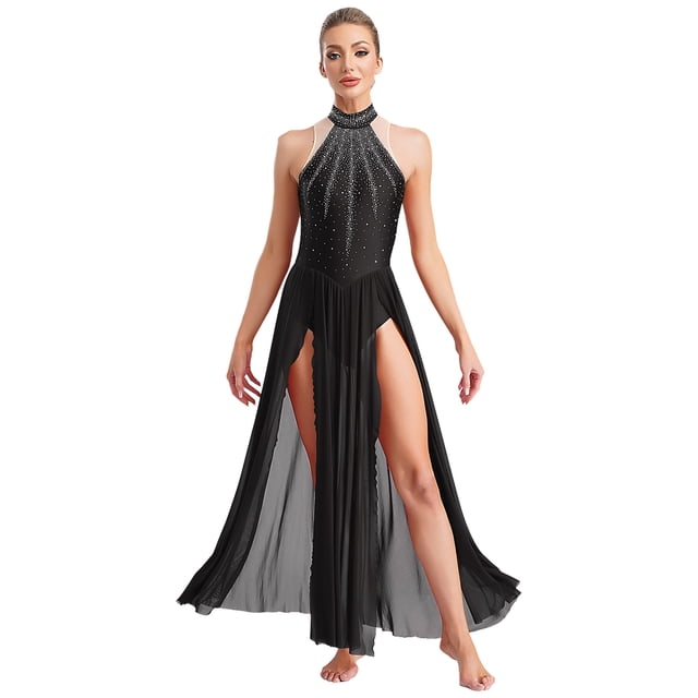 iefiel Robe de Danse Lyrique pour Femmes Sans Manches avec Strass Scintillants Fendue Robe Maxi Tenue de Danse de Salon Noir m