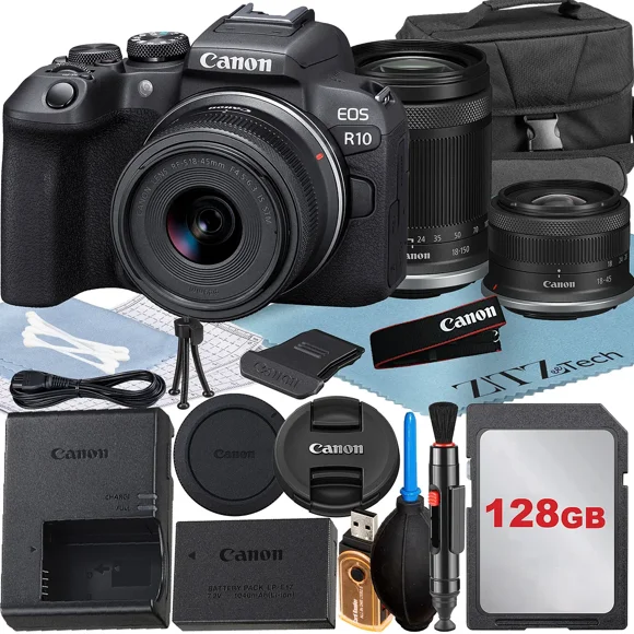 Canon EOS R10 Mirrorless Camera with RF-S 18-45mm + 18-150mm Lens + 128GB Memory Card + Case + ZeeTech Accessory Bundle