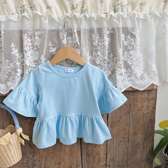 Shirts for Girls, Children Solid Color Loose Girl Ruffle Sleeve Round-Neck Blouses Western Style Top
