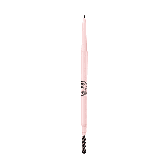 Clean Fresh Brow Nano Eyebrow Pencil with a slim light pink body, featuring an ultra-precise 1mm tip and a black built-in spoolie brush, designed for natural-looking, waterproof, and transfer-resistant eyebrow definition with a vegan formula suitable for sensitive skin.