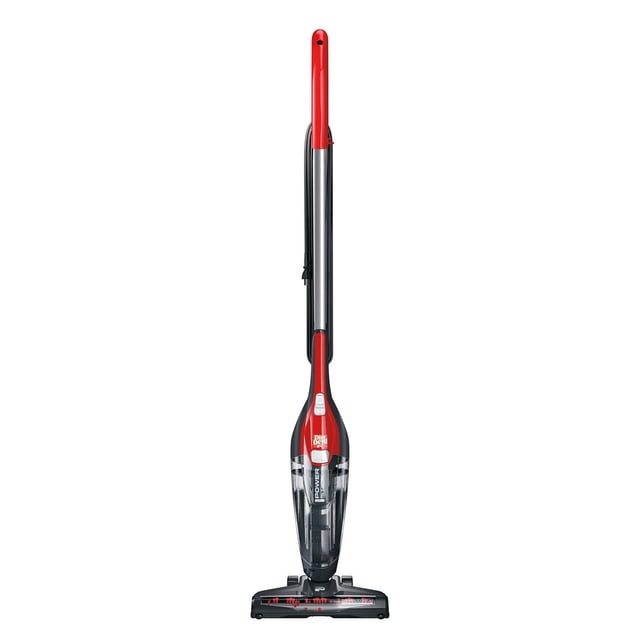 DIRT DEVIL 4-in-1 Power Stick Lite Vacuum in red and black with clear dirt cup and powered brushroll, featuring lightweight design, removable hand vac, and long black power cord wrapped along silver metal wand for versatile stick vacuum cleaning.