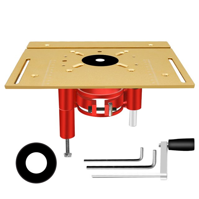 TFixol Plaque d'Insertion de Table de Routeur en Alliage d'Aluminium Doré avec Base de Levage à Manivelle à Hauteur Réglable, 47 mm, Ensemble de 2 Pcs (Plaque + Base) pour la Taille des Bords en Menuiserie
