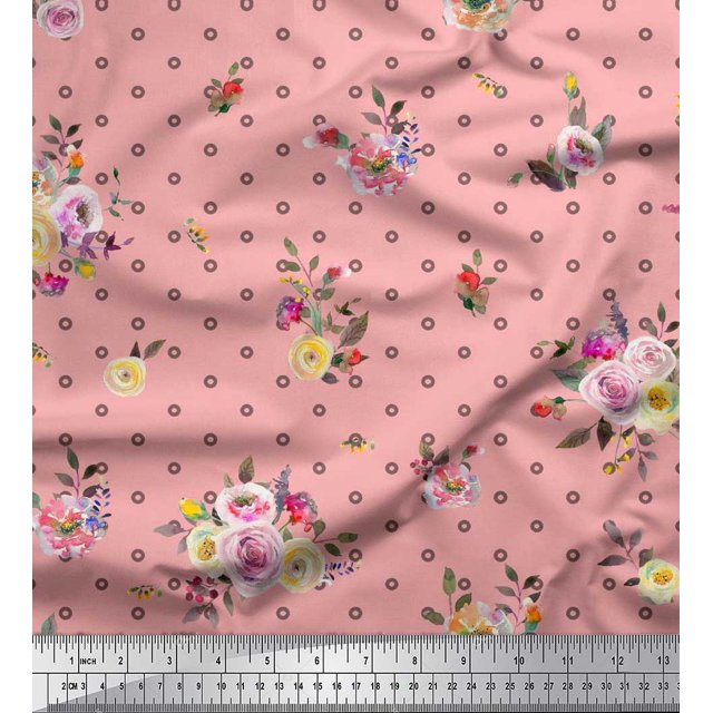 Soimoi Pink Modal Satin Fabric Leaves,Small Circle & Floral Print Fabric by Yard 42 Inch Wide