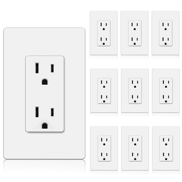 BESTTEN 10 Pack Decorator Receptacle Outlet with Screwless Wall Plate, 15 Amp Standard Electrical Wall Outlet, 15A/125V/1875W, for Resident