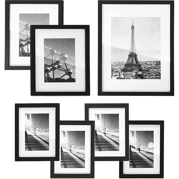 AmPm Gallery Wall Frame Set, Multi Picture Frames Set of 7, One 11x14, Two 8x10, Four 6x8 Collage Photo Frame with White Mat, Glass Front, Hanging or Tabletop Display, Black