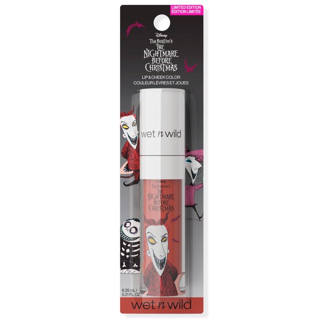 Lip n Cheek Color - Nightmare Before Christmas by wet n wild, a limited edition 6.35 mL (0.21 fl oz) liquid blush with a creamy, lightweight formula that glides smoothly for natural lip and cheek colour, featuring Lock, Shock, and Barrel characters on the packaging.