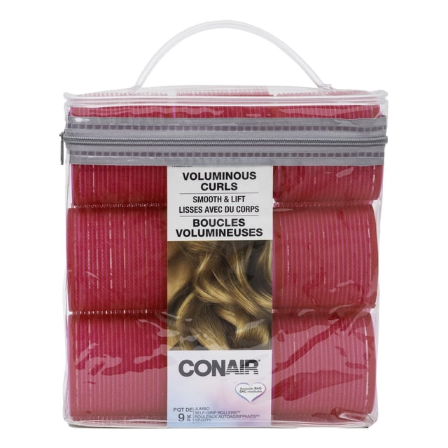 Conair 9 pk Mega Self-Grip Rollers in pink, contained in a clear reusable zippered pouch with handle, designed for creating voluminous curls with smooth lift on wet, damp, or dry hair, suitable for DIY styling without leaving marks.
