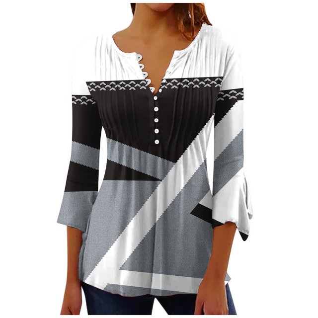 Birdeem T-Shirt Mode Imprimé pour Femmes Manches 3/4 Blouse Col en V Hauts Décontractés