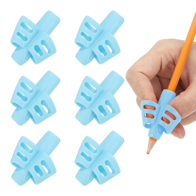 Unique Bargains 6 Pcs 2 Fingers Handwriting Pencil Grippers in light blue silicone, designed as ergonomic writing aids with a hollow breathable design for comfort and correct pen-holding posture. Suitable for pencils, fountain pens, and ballpoint pens, ideal for beginners and classrooms.