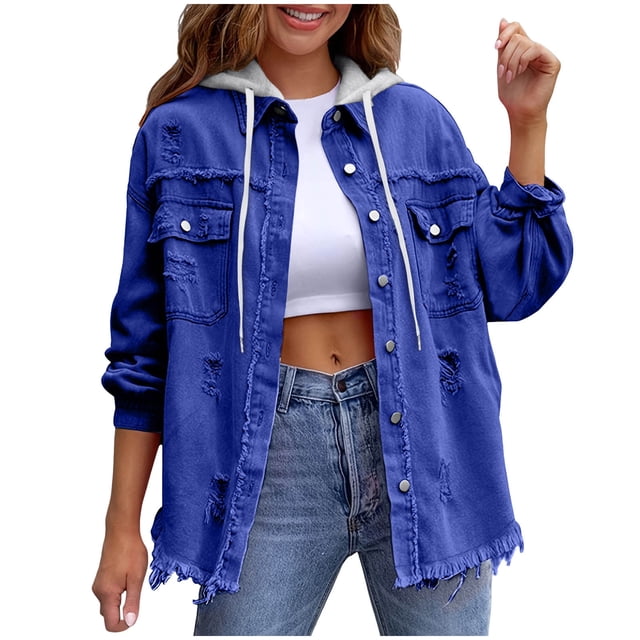 RXMEKW Womens Shirts Casual, Solid Color Denim Jacket with Detachable Hood