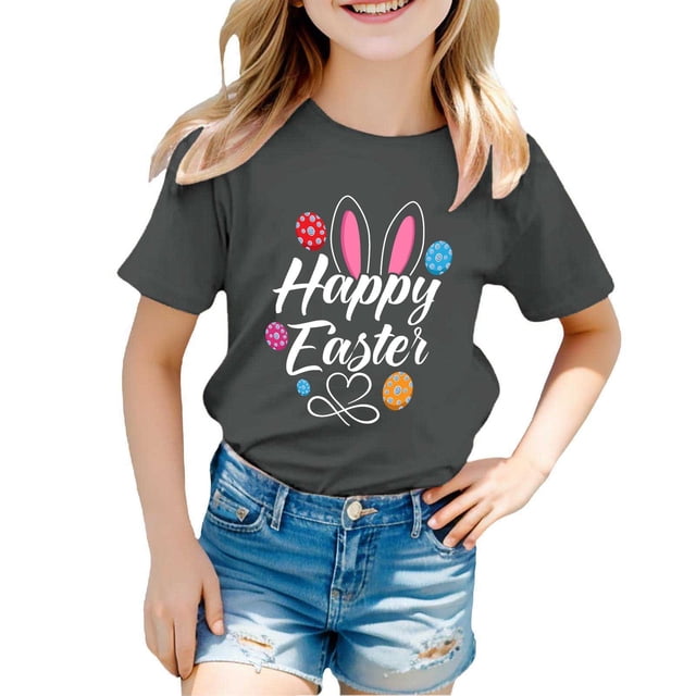 PMVFHDE Tenue de Pâques Fille T-Shirt Graphique de Pâques / Imprimé Lapin et Oeuf Manches Courtes Col Rond / T-Shirt de Fête en Coton Doux pour Tout-Petit / Tenue Décontractée Printemps Été Gris,10-11 Ans