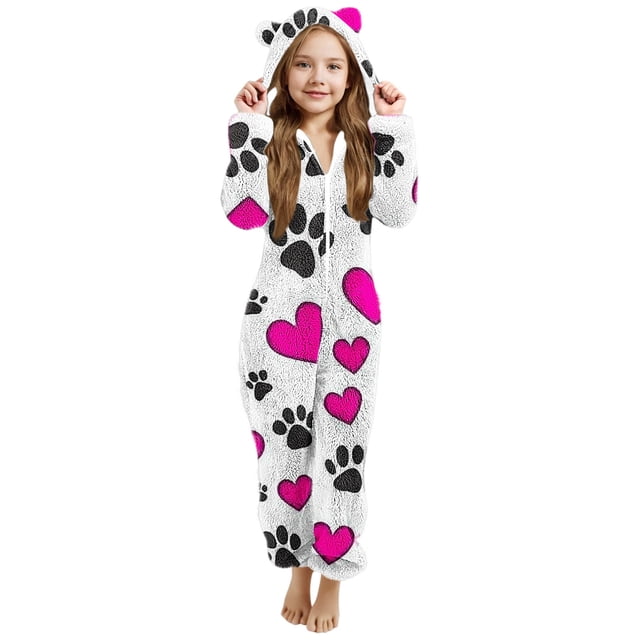 Pyjama pour Filles, Combinaison de Nuit Chaude d'Hiver à Manches Longues avec Capuchon, Combinaison Pyjama pour Filles