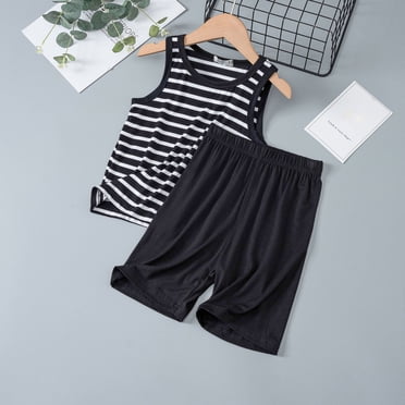 PMVFHDE Ensembles et Ensembles pour Garçons Débardeur Rayé pour Enfants Shorts Deux Pièces Été Garçons Pyjama Ample Sans Manches Mince Filles Tenue de Détente Climatisée Vêtements Garçon Noir,100
