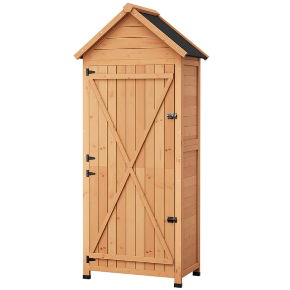 Mteryoing Remise de Rangement Extérieure en Bois Imperméable avec Étagères et Porte Verrouillable, Armoire Verticale pour Outils de Jardin 63/70 Pouces pour Patio, Cour, Pelouse, Bois Naturel