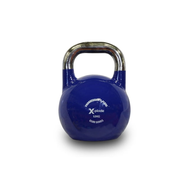 Progression Xplode Kettlebell de Compétition 12 kg Bleu avec Poignée en Titane Résistante à la Corrosion et Revêtement en Résine Bleu Lisse, Orienté vers l'Avant sur Fond Blanc, Conçu pour une Largeur d'Adhérence Uniforme et une base stable Idéale pour les Exercices de Musculation et d'Entraînement de Poids.