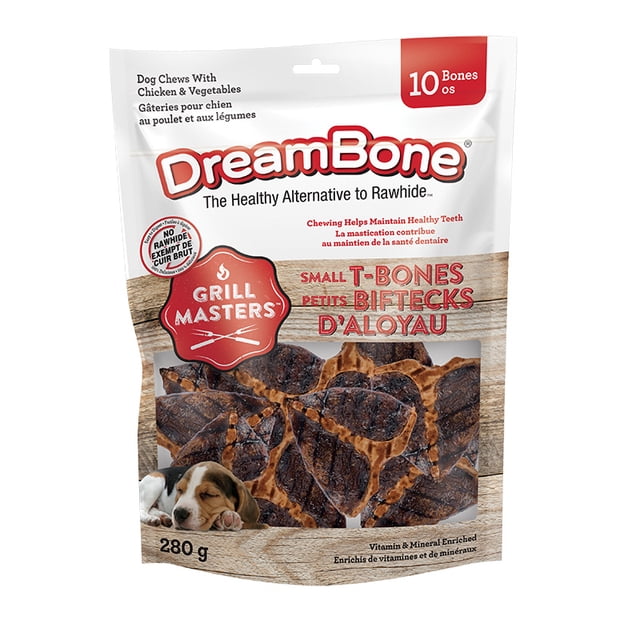 DreamBone Grill Masters T-Bones With Real Chicken, 10 Count, Small, rawhide-free dog chews shaped like grilled T-bone steaks in a 280 g resealable bag enriched with vitamins and minerals to support healthy teeth, featuring a sleeping puppy image on the packaging.
