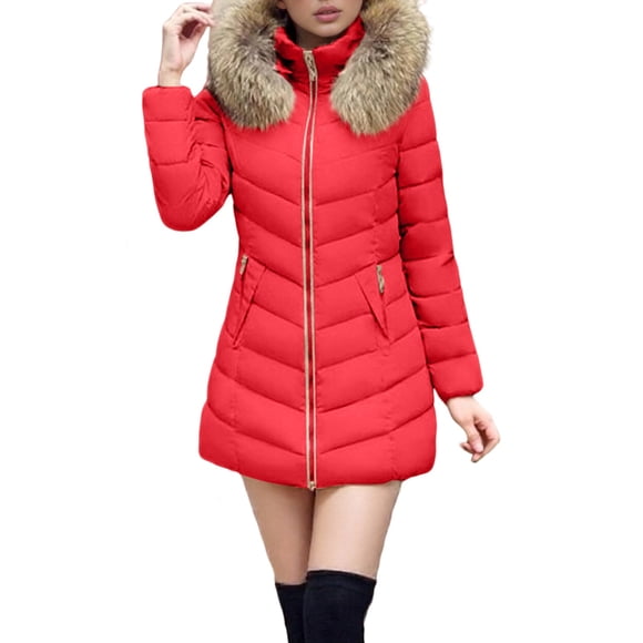 ManxiVoo Women's Long Insulated Quilted Puffer Coat With Hood Thermal Warm Parka Style Winter Jacket M Size Red