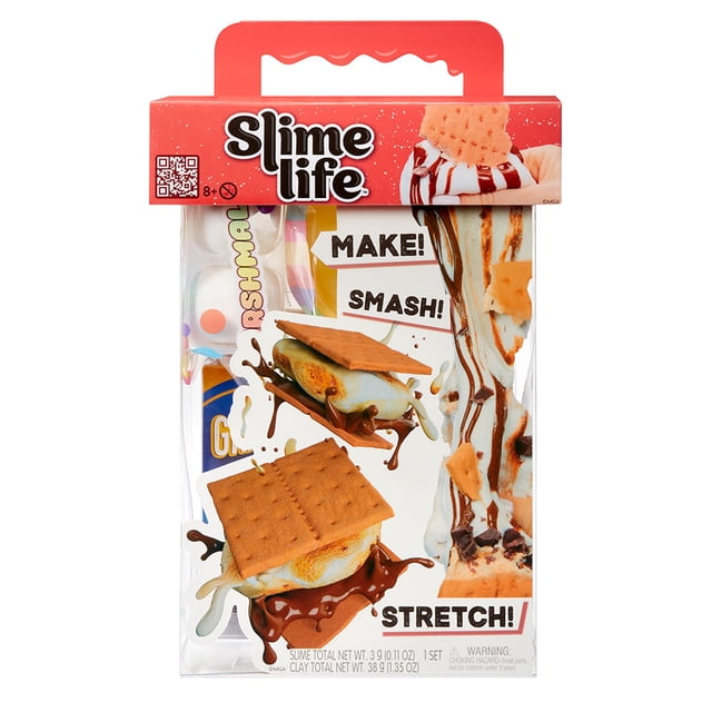 Slime Life S'mores DIY Slime Kit featuring multicolour packaging with hyper-realistic slime elements resembling toasted marshmallows, melted chocolate, and graham crackers, with 'Make! Smash! Stretch!' text and a red handle for easy transport.