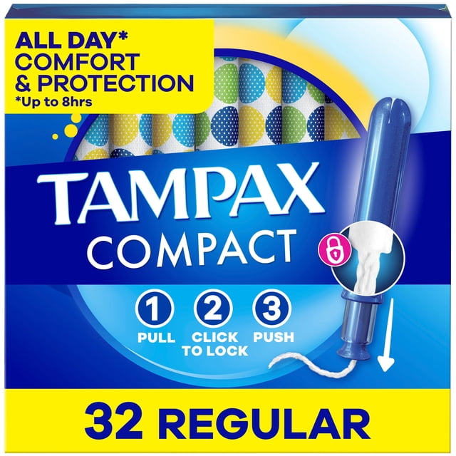 Tampax Tampons Pearl Compacts avec Protège-Fuites, Tresse et Applicateur Compact Extensible Bleu, avec Étapes à Tirer, Cliquer pour Verrouiller et Pousser pour l'Insertion, l'Emballage Met en Valeur jusqu'à 8 Heures de Confort et de protection Toute la Journée, Contient 32 Tampons à Absorption Régulière pour des Soins Menstruels Discrets.