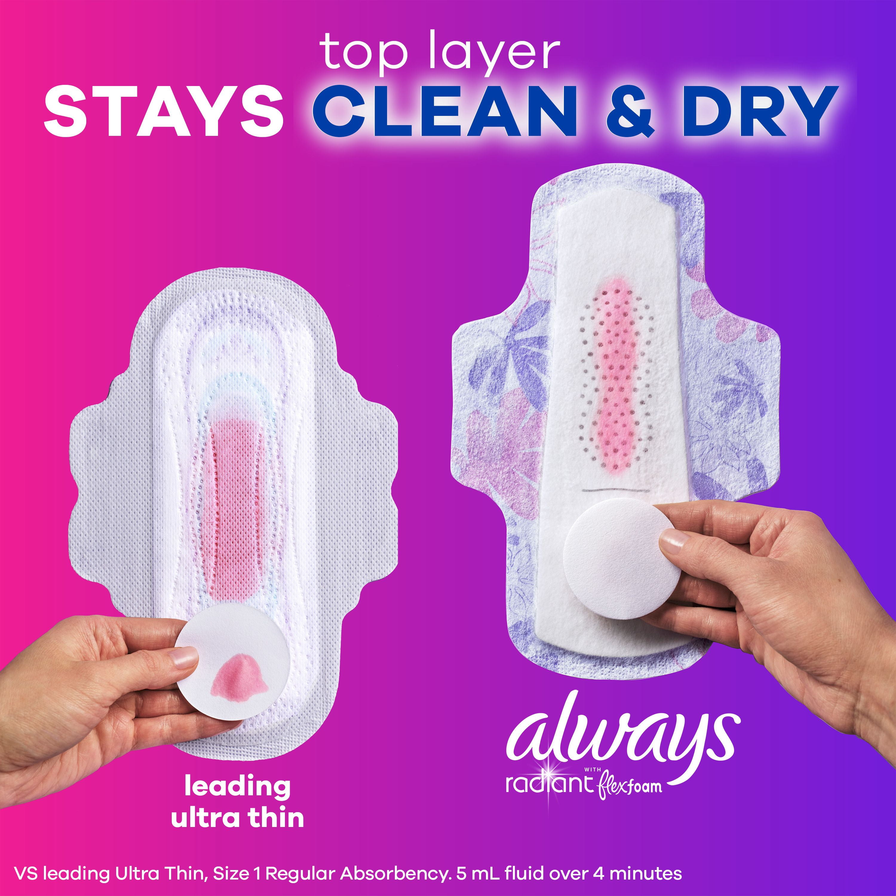 Serviettes Always Radiant Avec Flexfoam, Taille 2, Forte, Avec Ailes, Parfum Légèrement Frais, 26 Unités