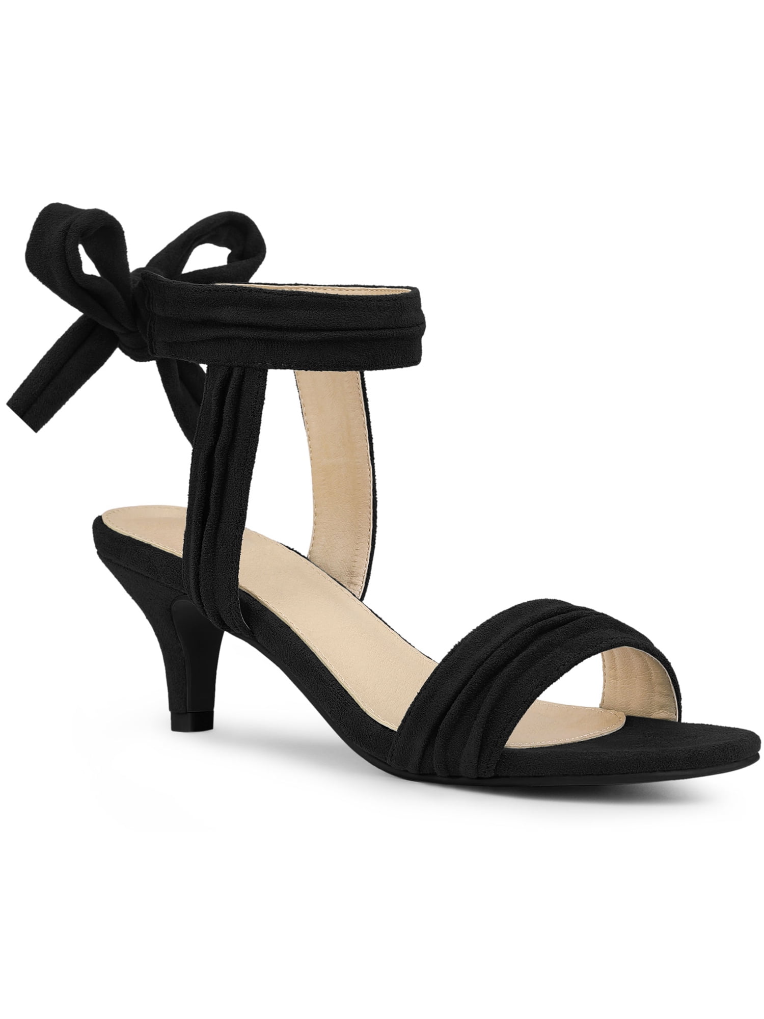 BLISSFUL STEP Women Open Toe Ankle Bow Tie Mid Heels Sandals Black 6